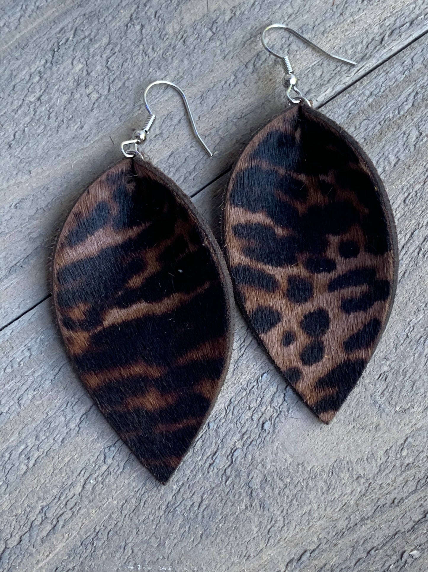 Brown Leopard Hair On Leather Earrings