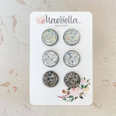 3 Pack Stud Earring Set Druzy Neutrals AB/SL/GM