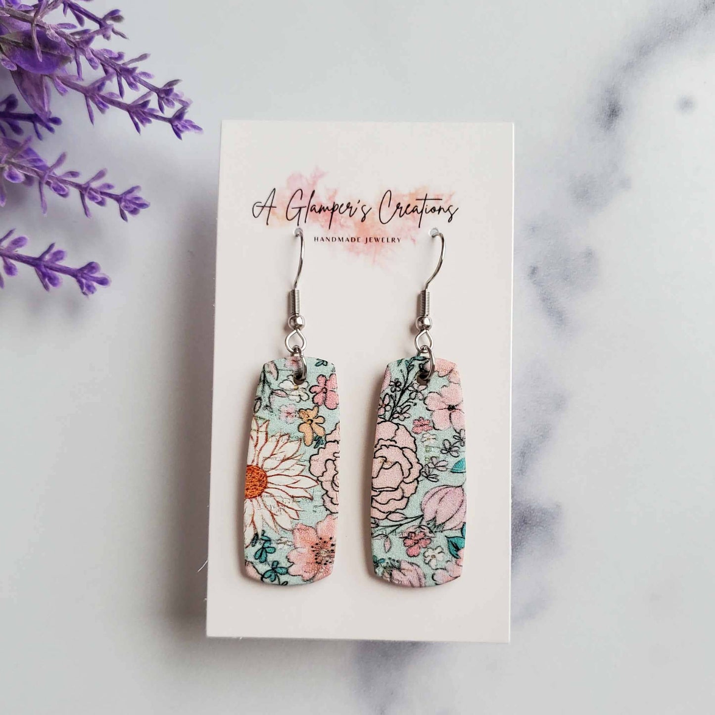 Boho Floral on Light Blue Mini Bar Leather Earrings