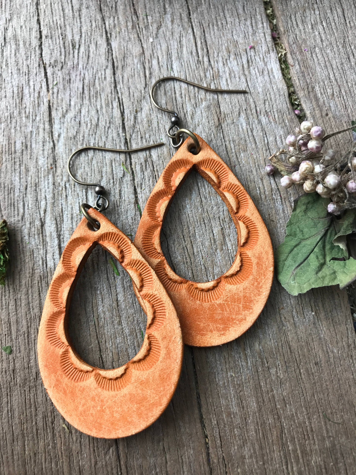 Western Tooled Leather Teardrop Earrings in Caramel Brown