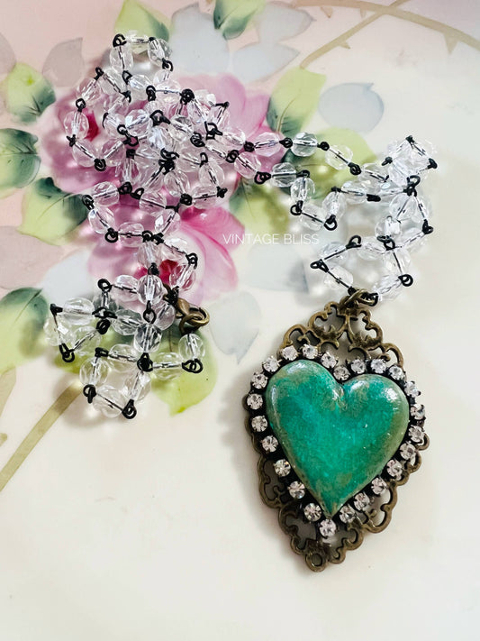 Turquoise Color Heart Filigree Necklace Clear Crystal Chain