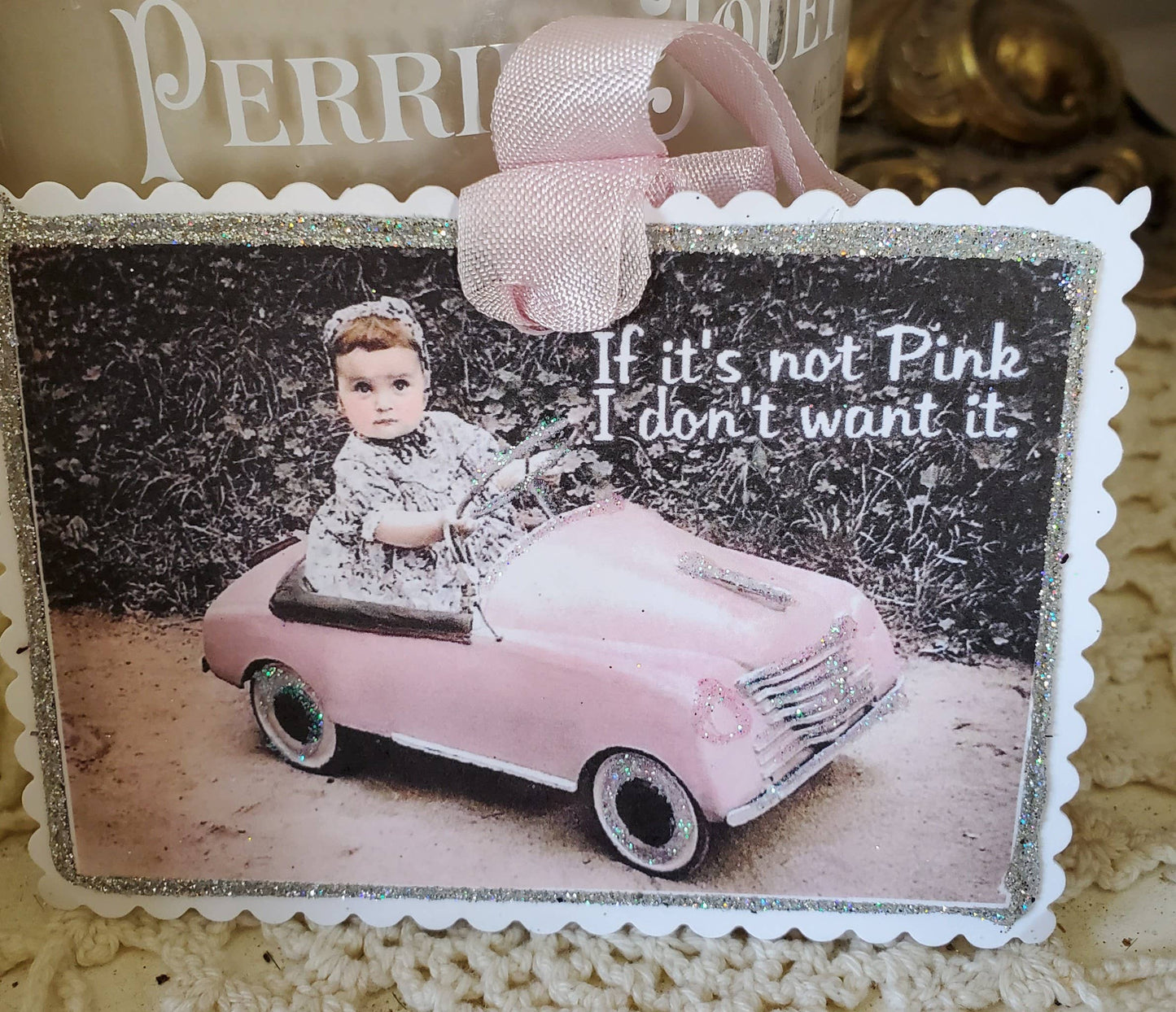 Vintage Litte Girl n Car If It's Not Pink Gift Tag Keepsake