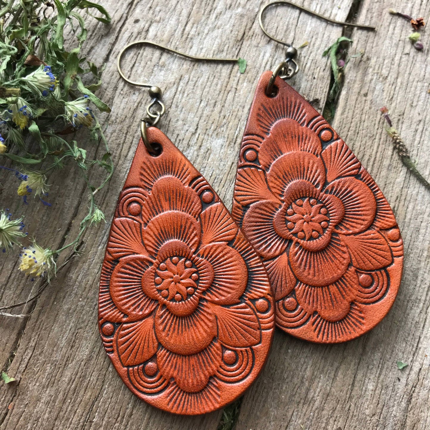 Boho Western Mandala Leather Teardrop Earrings