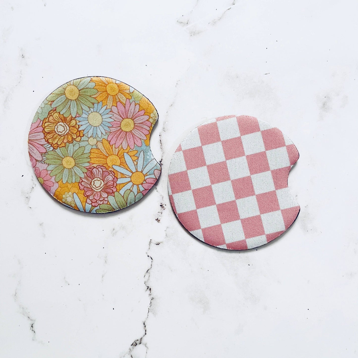 2 Car Coasters, Retro Floral and Pink Check