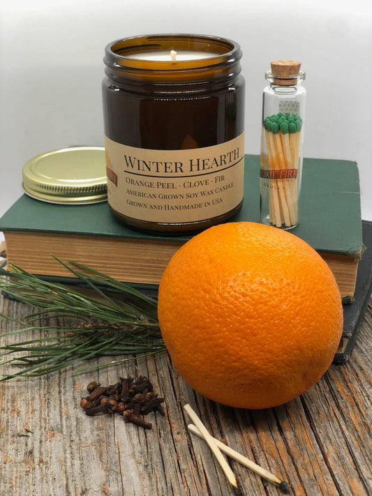 Winter Hearth Soy Wax Candle | 9 oz Amber Apothecary Jar