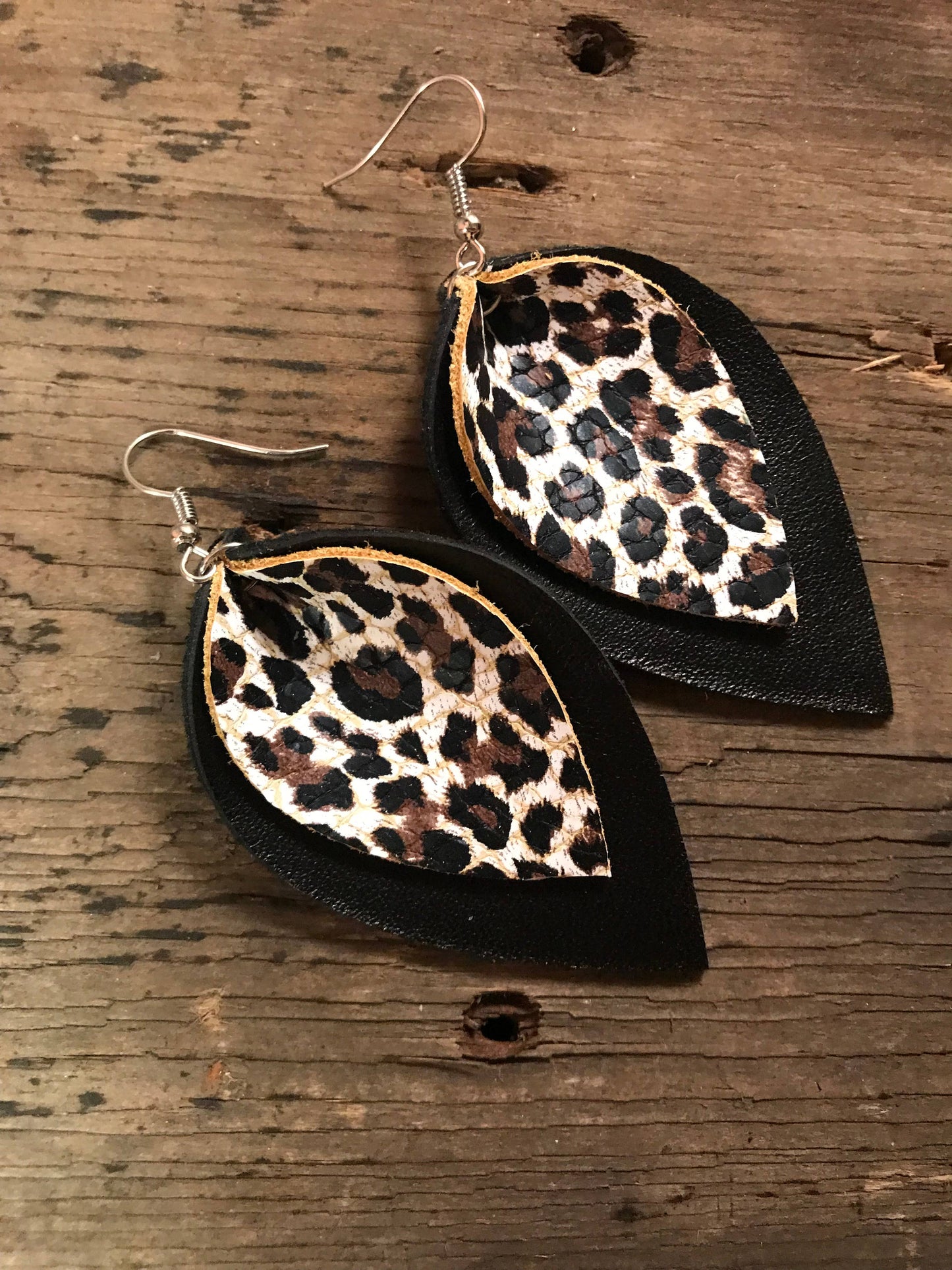 Black and Leopard Leather Earrings