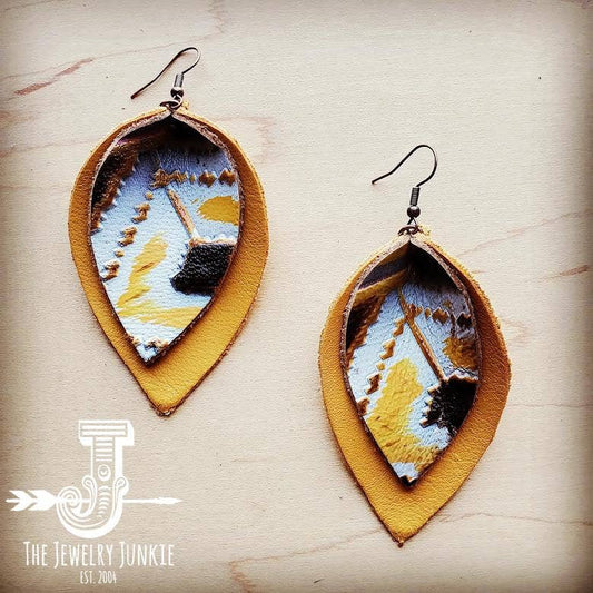 Leather Double Stacked Earrings-Yellow Navajo 205o