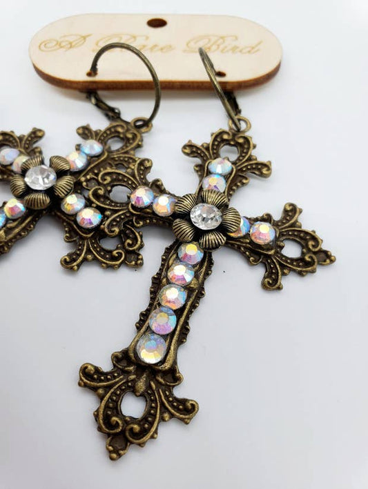 Vintage Bronze Crystal Cross Earrings