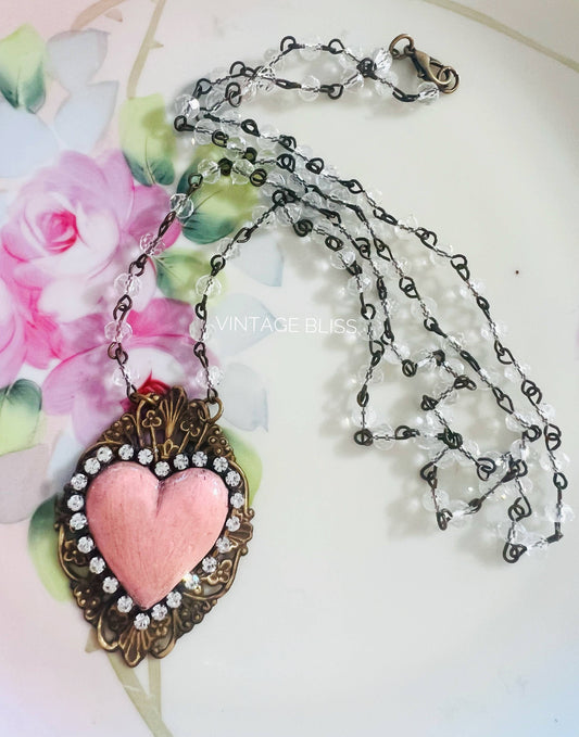 Pink Handmade Clay Heart Filigree Necklace