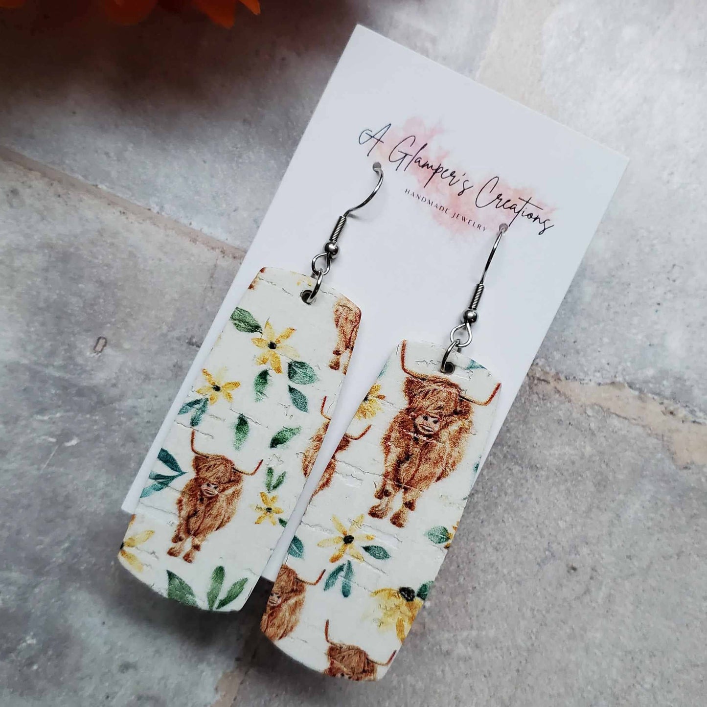 Bar Leather Earrings - Cows & Flowers