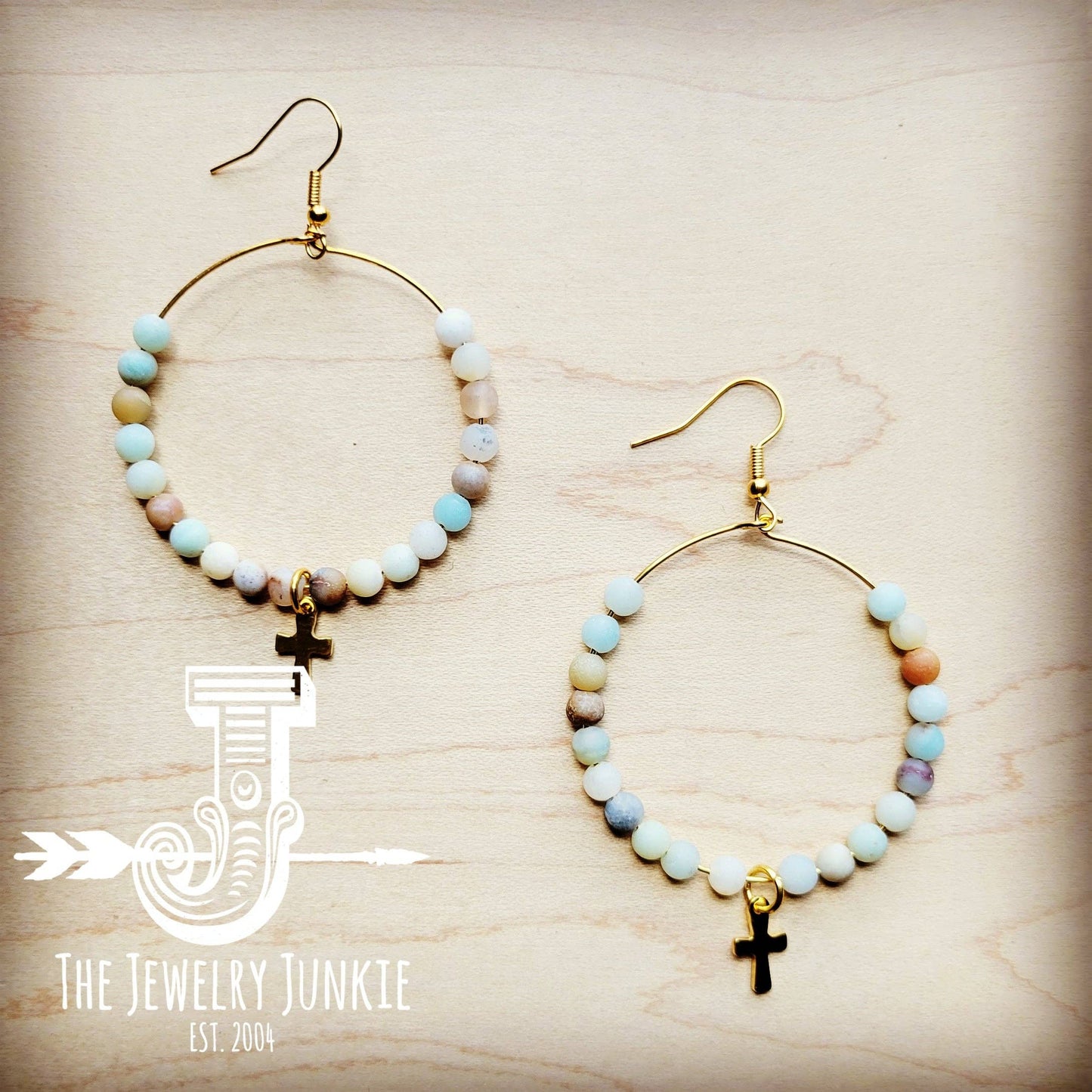 Beaded Hoop Earrings- Amazonite w/ Cross Dangle