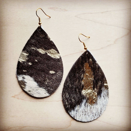 Hair-on-Hide Leather Teardrop Earrings in Mixed Metallic