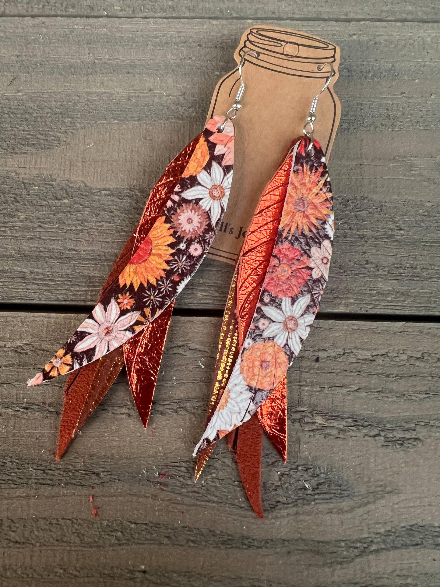 ORANGE BOHO FLORAL FRINGE FEATHER LEATHER EARRINGS