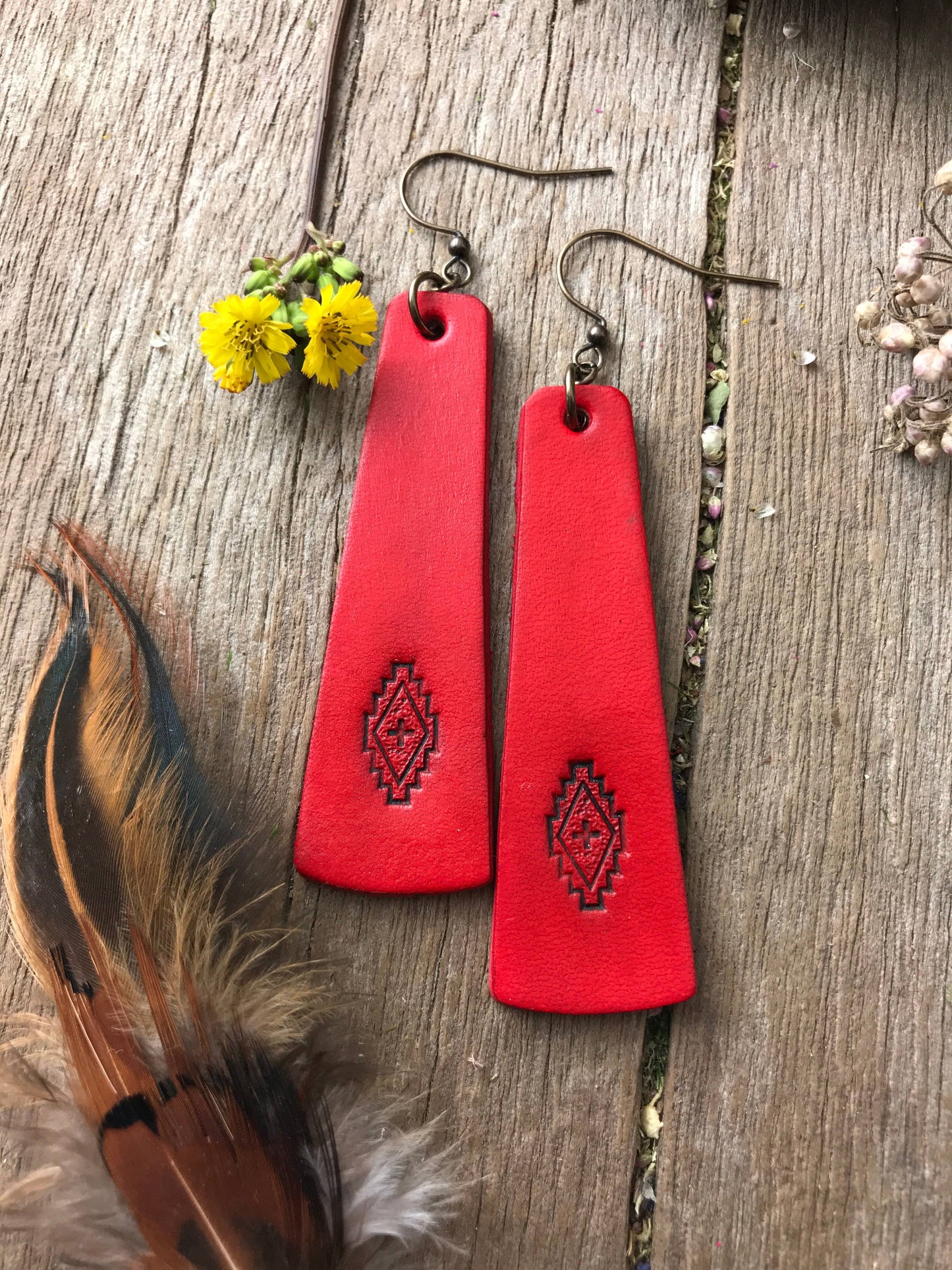 Hand Tooled Western Style Leather Bar Earrings