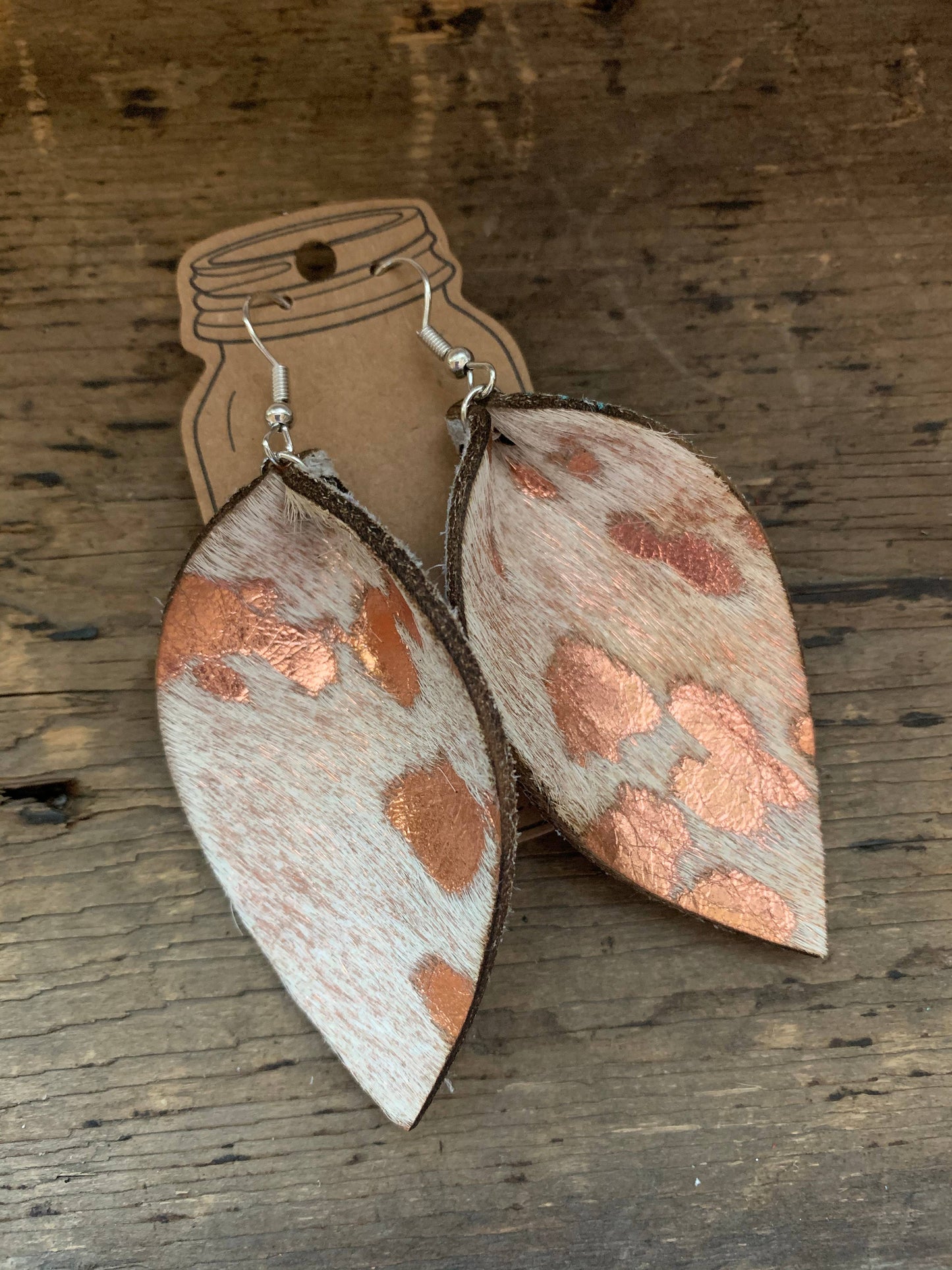 Rose Gold Acid Wash Hair On Leather Earrings