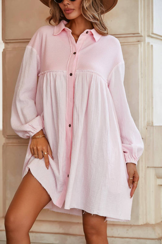 Pink Patchwork Crinkle Puff Sleeve Shirt Dress